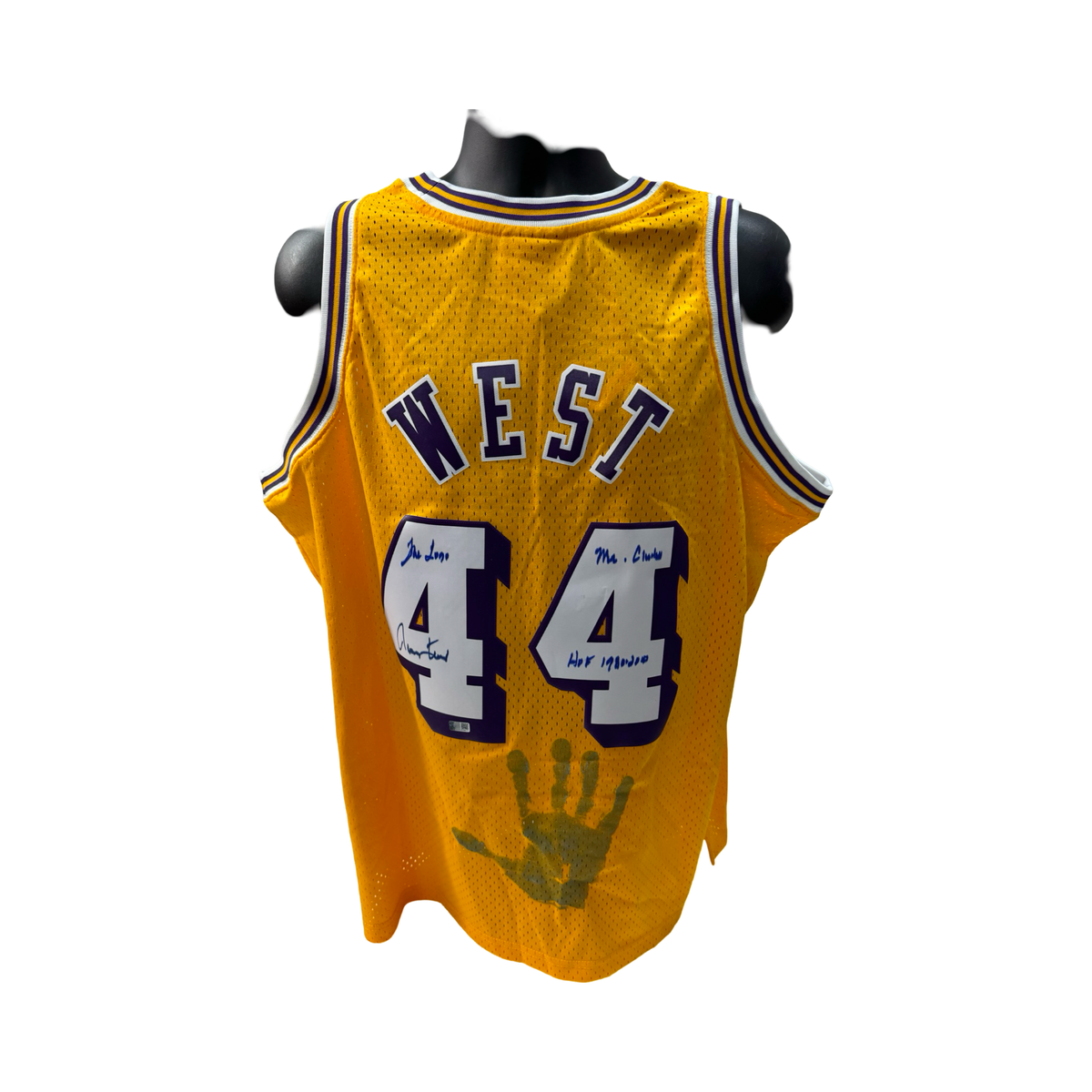 Jerry West Autographed Los Angeles Lakers Yellow 1971-72 Mitchell & Ness Swingman Jersey w/ Handprint The Logo, Mr Clutch,