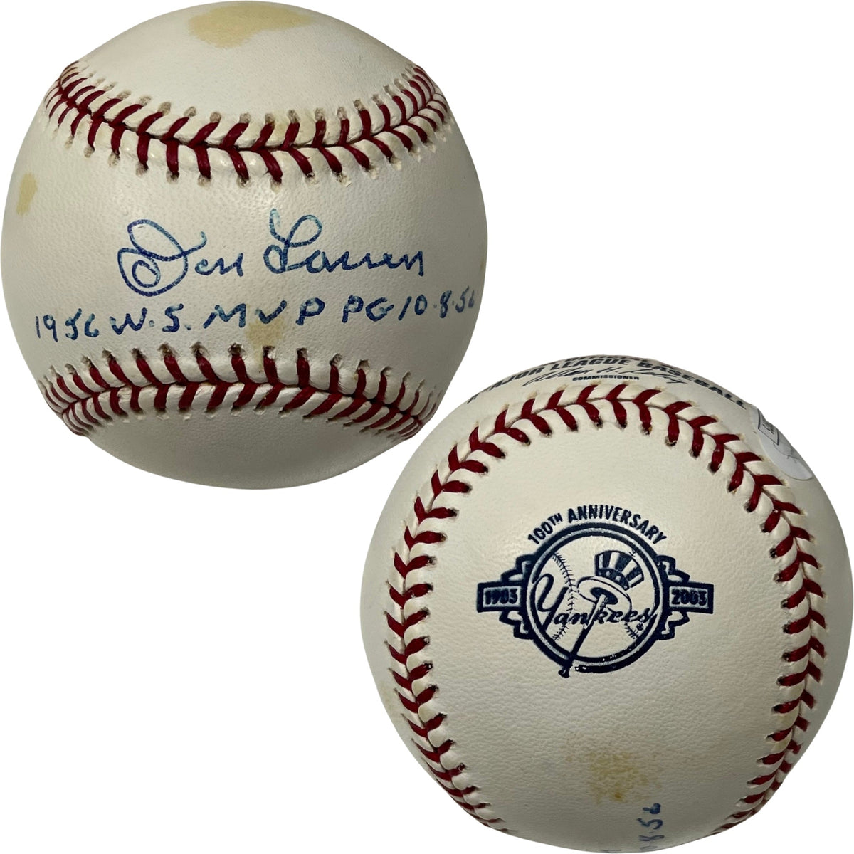 Don Larsen Autographed New York Yankees 100th Anniversary Logo Baseball 1956 WS MVP, PG 10.8.56 Inscriptions JSA product