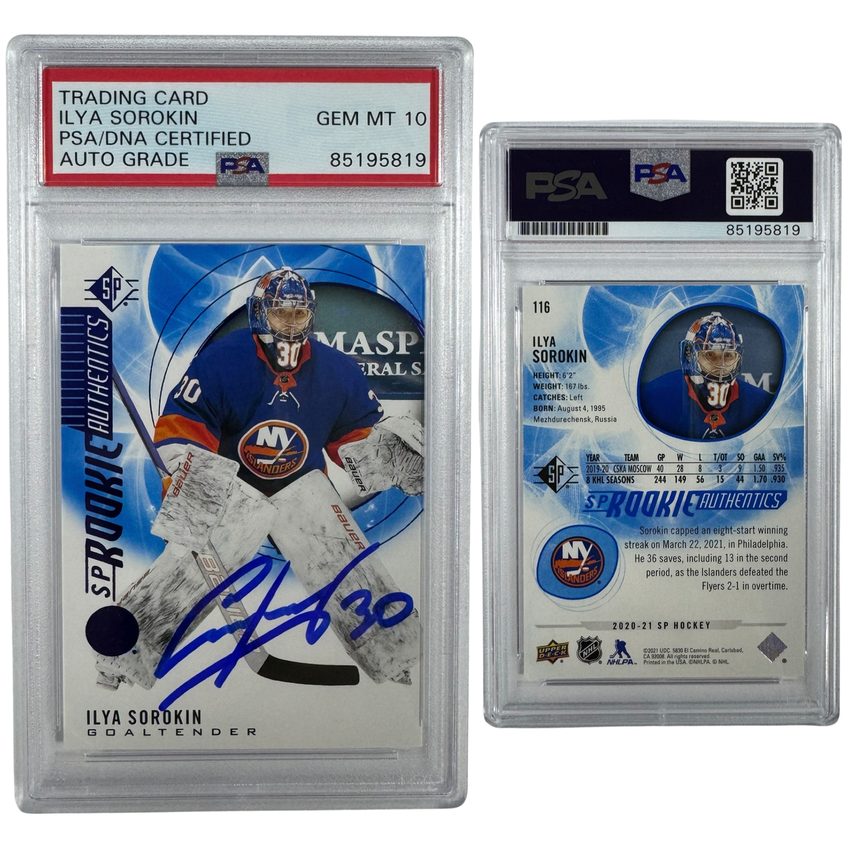 2020-21 Ilya Sorokin Autographed Upper Deck SP Rookie Authentics #116 PSA Auto GEM MT 10 product image 1, provided for